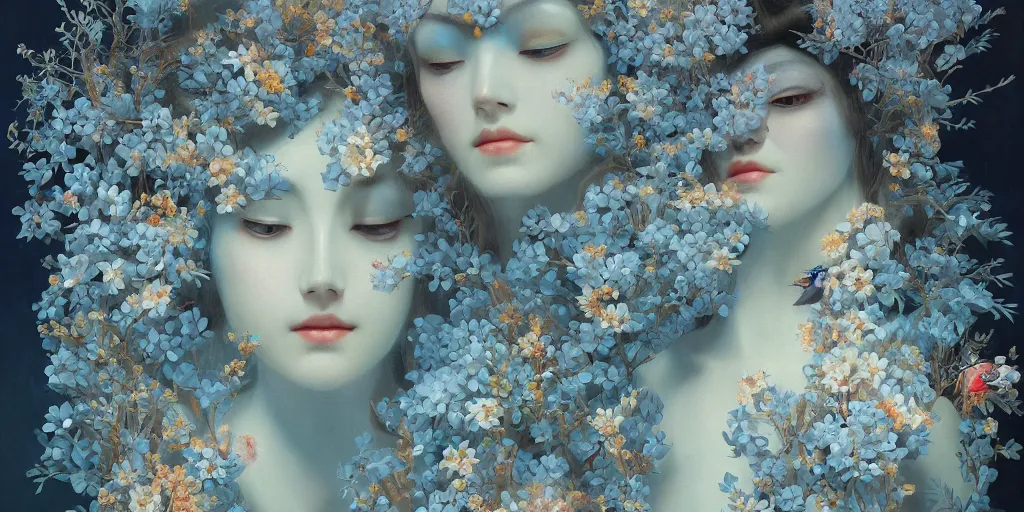 Image similar to breathtaking detailed concept art painting art deco pattern of faces goddesses amalmation light - blue flowers with anxious piercing eyes and blend of flowers and birds, by hsiao - ron cheng and john james audubon, bizarre compositions, exquisite detail, extremely moody lighting, 8 k