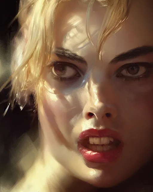 Image similar to Full view realistic portrait of actress margot robbie, masterpiece by Craig Mullins Artgerm in the style of Ruan Jia, wlop, Ross Tran, detailed and realistic, soft lighting, intricate details, realistic, full view, Artstation, CGsociety