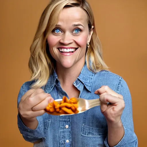 Image similar to reese witherspoon, holding a spoon, wooden spoon, cutlery, photography, smiling, portrait, soft focus