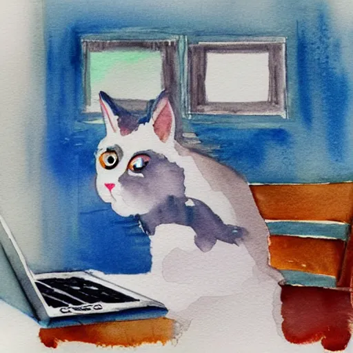 Prompt: ragdoll cat is lying on a computer table, girl is playing with computer, watercolor painting