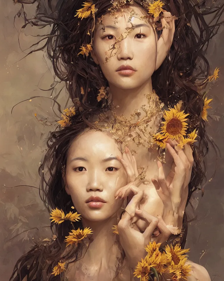 Image similar to a professional painting of the Sunflower Goddess, beautiful and wise-looking east-asian woman, olive skin, beautiful bone structure, symmetrical facial features, intricate, elegant, digital painting, concept art, smooth, sharp focus, illustration, art style by Ruan Jia and Mandy Jurgens and Artgerm and William-Adolphe Bouguerea
