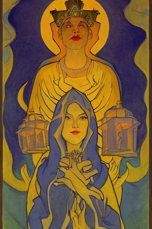 Image similar to lizard queen with her crown and lantern, by Nicholas Roerich and Annie Swynnerton, dramatic cinematic lighting , ornate headdress , flowing robes, sacred artifacts, lost civilizations, smooth, sharp focus, extremely detailed