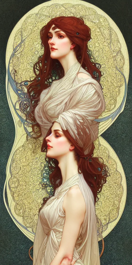 Prompt: character portrait of a modest woman, tall, feminine, powerful, modestly clothed, voluminous, intricate, elegant, highly detailed, digital painting, artstation, smooth, symmetrical, sharp focus, illustration, art by alphone mucha