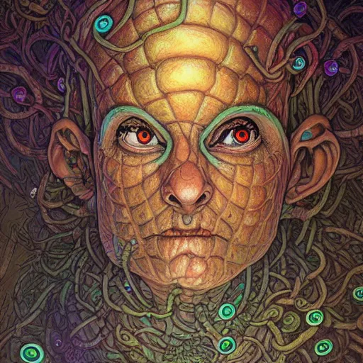 Image similar to fungus labyrinth mohawk projector portrait by gaston bussierre and charles vess and james jean and erik jones and rhads, inspired by rick and morty, epic, funny, huge scale, beautiful fine face features, intricate high details, sharp, ultradetailed