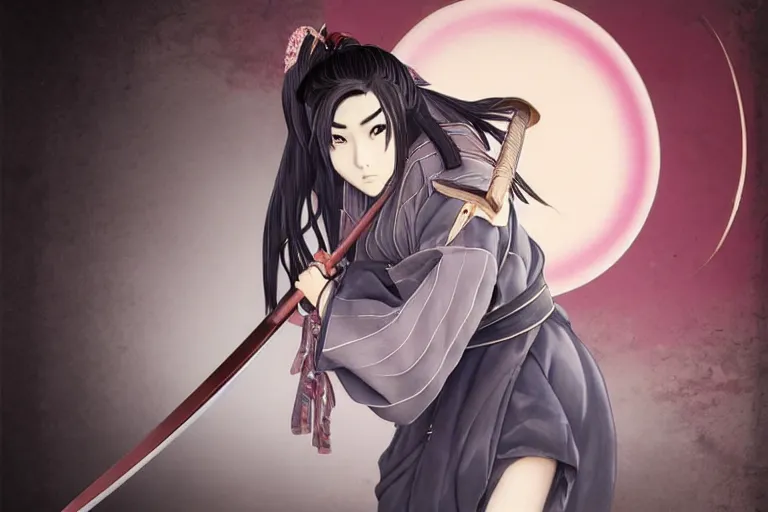 Prompt: highly detailed beautiful photo of a madison beer as a young female samurai, practising sword stances, art by koyoharu gotouge. symmetrical face. beautiful eyes, realistic, 8 k, award winning photo, pastels colours, action photography, 1 / 1 2 5 shutter speed, sunrise lighting,
