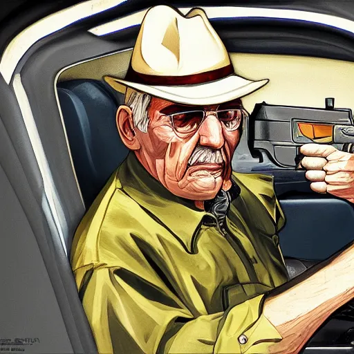 Image similar to old man in car holding gun, gta v art