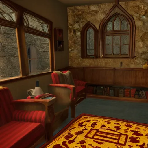 Image similar to Hairy Potter in Gryffindor's common room, Playstation 2 screenshot, 3D Render