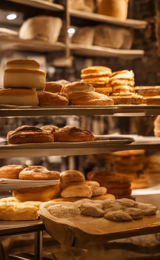 Image similar to close up realistic detailed photo of from inside of a cozy bakery, hdr, volumetric lighting, dim light, diffuse light