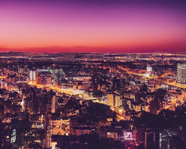 Image similar to a view of a city from a distance at night, a matte painting by konstantinas ciurlionis, featured on unsplash, synchromism, photo taken with nikon d 7 5 0, high dynamic range, nightscape