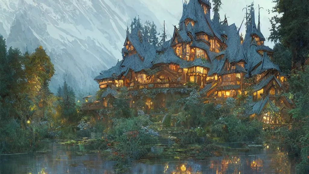 Image similar to a beautiful painting of art nouveau swiss chalet elven rivendell at sunrise, intricate, elegant, highly detailed, digital painting, artstation, concept art, by krenz cushart and artem demura and alphonse mucha