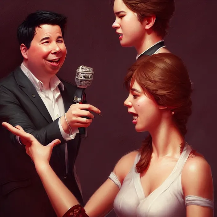 Image similar to michael mcintyre flirting with a singing waitress, elegant, real life skin, intricate artwork, high detailed, artstation, concept art, smooth, sharp focus, art by artgerm and greg rutkowski