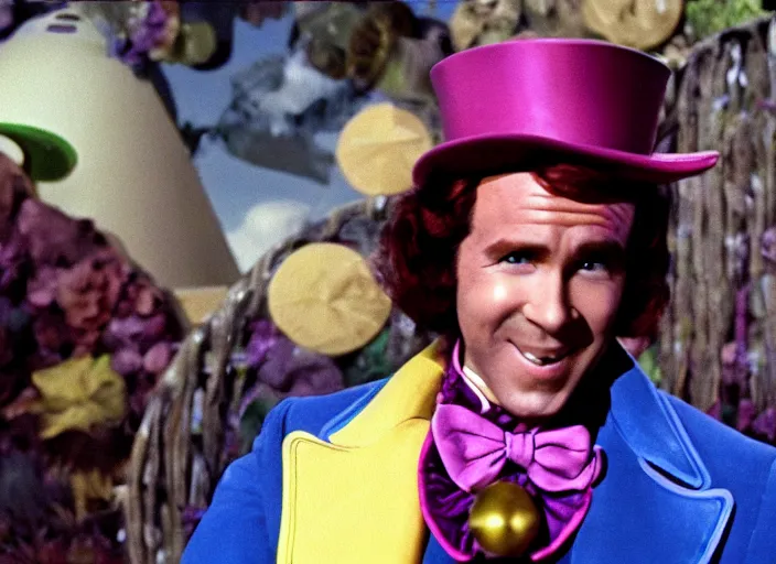 Image similar to film still of Ryan Reynolds as Willy Wonka in Willy Wonka and the Chocolate Factory 1971