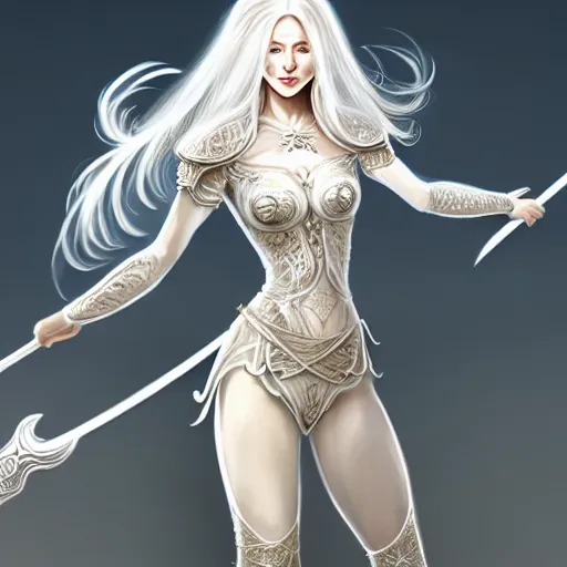 Image similar to full body painting of a woman with flowing luscious glowing white hair standing whilst holding a sword, wearing intricate plate - armor and leather underneath. intricate, elegant, highly detailed, digital painting, artstation, concept art, smooth, sharp focus, illustration, by terry wei, qiu fang, tooth wu, kan liu, siwoo kim, jisu choe