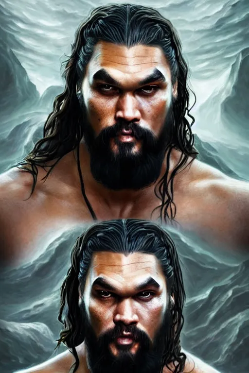 Image similar to beautiful, ethereal khal drogo ( jason momoa ) portrait, intricate art deco dragon designs, elegant, highly detailed burning background, sharp focus, game of thrones art by artgerm and beeple and greg rutkowski and wlop