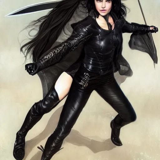 Image similar to an action photo of a black haired woman in a black leather jacket in a swordfight, muscular upper body, abs, d & d, fantasy, intricate, elegant, highly detailed, digital painting, artstation, concept art, smooth, sharp focus, illustration, art by artgerm and greg rutkowski and alphonse mucha