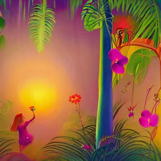 Image similar to a beautiful painting of an enchanted forest full of tropical flowers and fireflies, by agnes lawrence pelton, trending on artstation