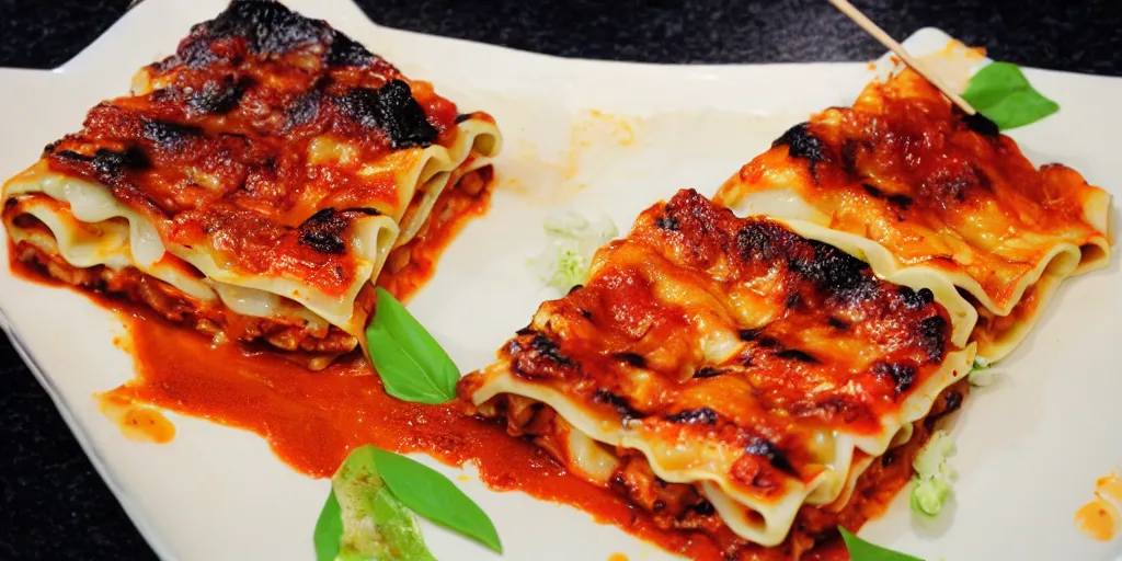 Image similar to japanese fusion cuisine, yakitori grilled lasagna