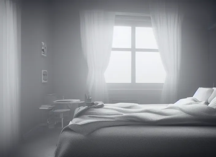 Image similar to photography of a Jack Russel watching outside the window on a bed in a 3d rendered white room, octane render, 3d, foggy, volumetric light, volumetric fog, photorealistic, unreal engine 5