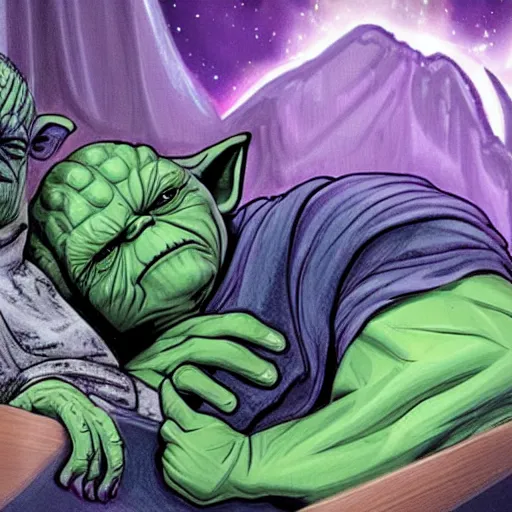 Image similar to thanos sleeping in bed next to yoda