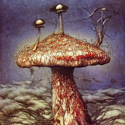 Image similar to strange mushroom by beksinski, luis royo and arthur rackham