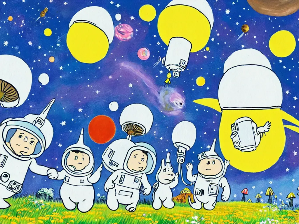 Image similar to moomins in space suits flying around with jetpacks discovering the mushroom planet, photorealistic painting