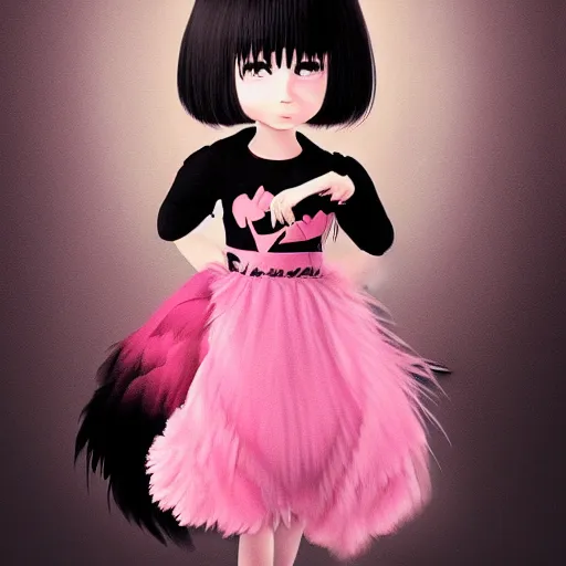 Prompt: little girl with an pink bizarre haircut wearing an dress made of black feathers, artwork made by ilya kuvshinov