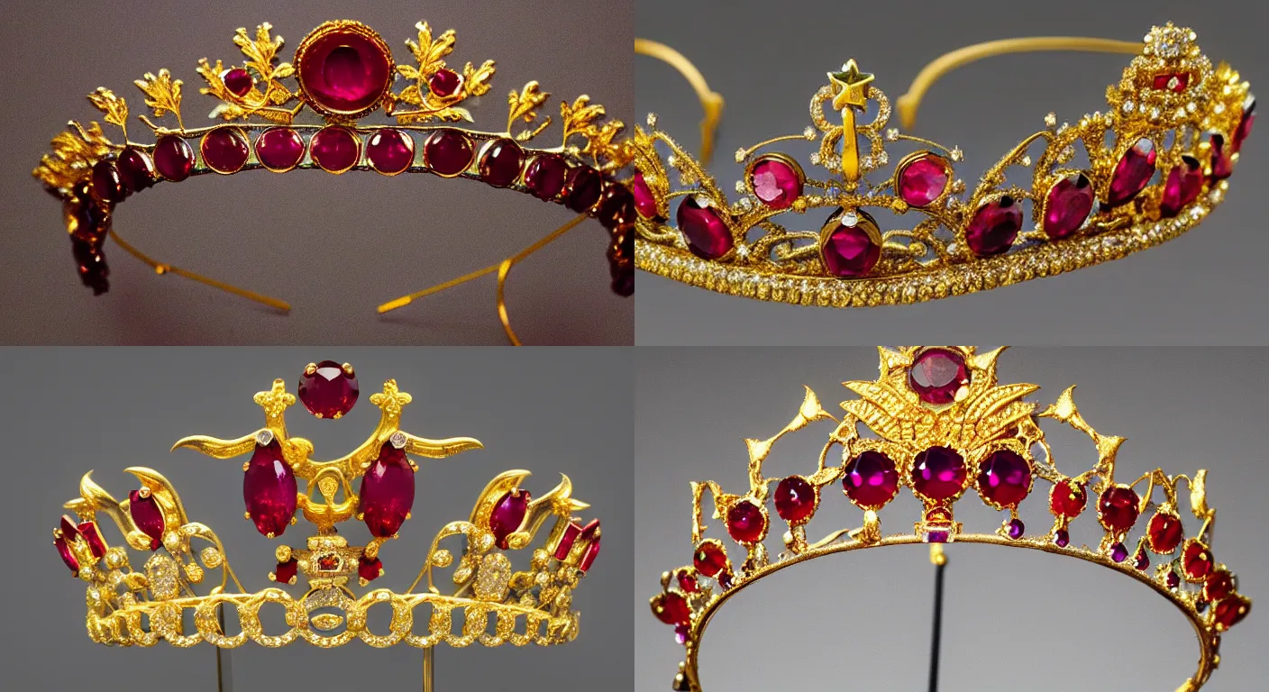 Prompt: a high quality photo of a tiara (Sailor Moon), ancient gold and ruby, diadem, forehead jewelry, circlet, The Metropolitan Museum of Art