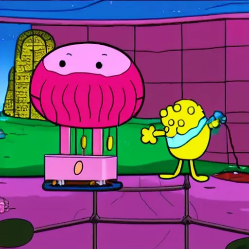 Prompt: pink jellyfish hits Sponge Bob with a metal sieve