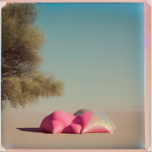 Image similar to a pastel colour high fidelity Polaroid art photo from a holiday album at a pink desert with abstract inflatable parachute furniture, all objects made of transparent iridescent Perspex and metallic silver, no people, iridescence, nostalgic