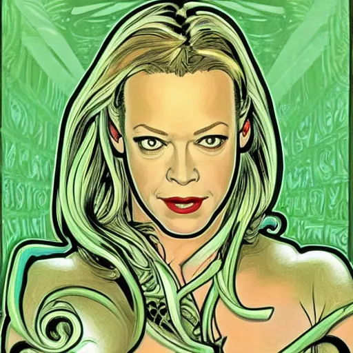 Prompt: Jeri Ryan in the role of Seven of Nine the Borg from star trek, neon green, in the style of Alphonse Mucha,