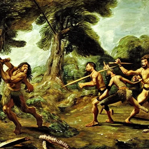 Image similar to A green scaly dinosaur fighting with several realistic detailed cavemen with proportioned bodies armed with spears, the cavemen are wearing animal furs, coarse canvas, visible brushstrokes, intricate, extremely detailed painting by John Constable