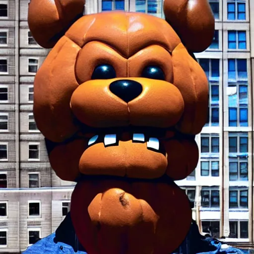 Prompt: giant Freddy Fazbear head in New York hyper realistic photo