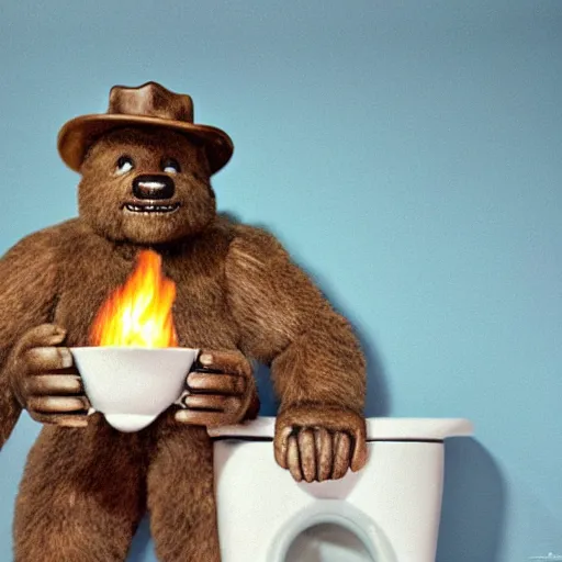 Image similar to UHD candid photo of Smokey The Bear in the lavatory sitting on a porcelain throne, playing with fire, by Annie leibowitz, photorealisitc, extremely detailed