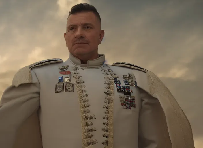 Prompt: proud general wearing a white imperial general uniform, hist arms are behind his back, ultra realistic, 4 k, movie still, uhd, sharp, detailed, cinematic, render, modern