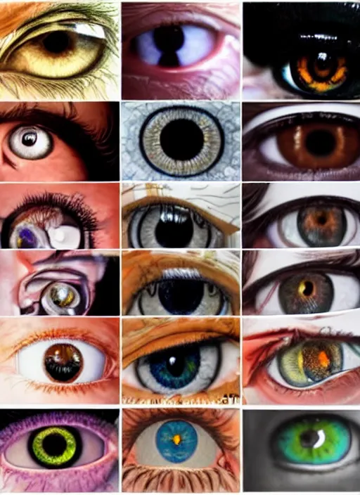 Image similar to diverse eyes!, dot pupils, sperical iris, macro, advanced art, art styles mix, from wikipedia, grid of styles, various eye shapes