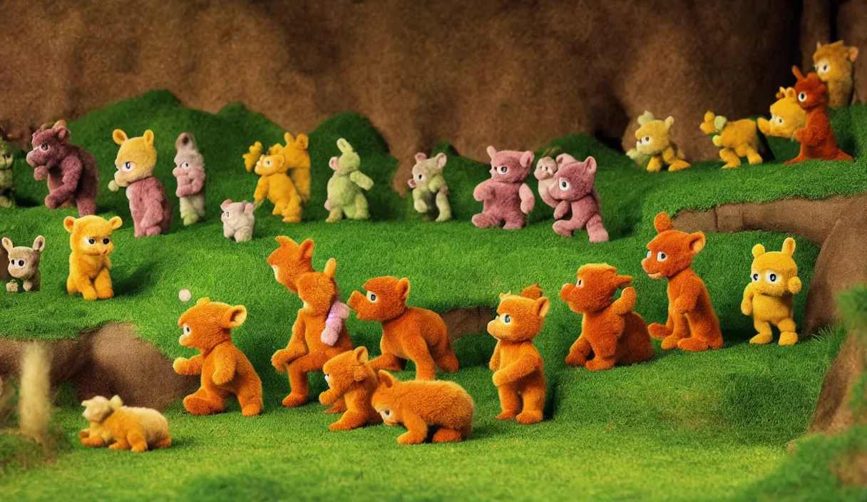 Image similar to natural history dioramas of teletubbies as furry animals