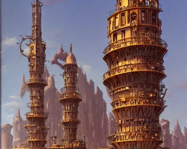 Prompt: steampunk tower by ralph mcquarrie and frank lloyd frank lloyd and bruce pennington and ted nasmith