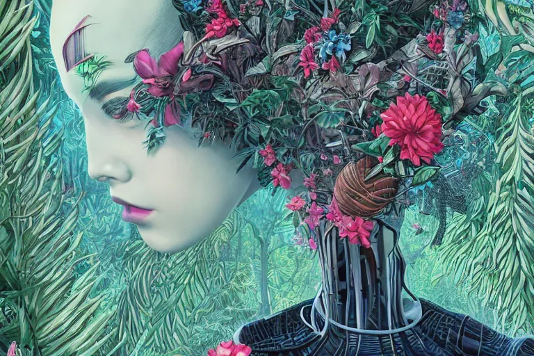 Image similar to gigantic robot head, a lot of exotic vegetation, trees, flowers by junji ito, tristan eaton, victo ngai, artgerm, rhads, ross draws, hyperrealism, intricate detailed