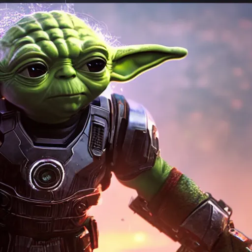 Image similar to yoda as ironman ironman in gears of war, splash art, movie still, cinematic lighting, dramatic, octane render, long lens, shallow depth of field, bokeh, anamorphic lens flare, 8 k, hyper detailed, 3 5 mm film grain