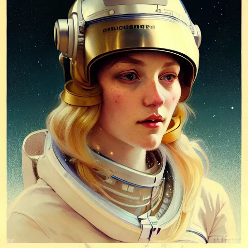 Image similar to A portrait of a blonde girl wearing a vintage sci-fi astronaut helmet, face, intricate, elegant, highly detailed, digital painting, artstation, concept art, smooth, sharp focus, illustration, art by Krenz Cushart and Artem Demura and alphonse mucha