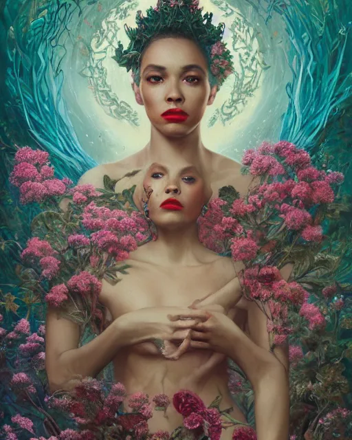 Prompt: portrait of the mulatto queen of the underworld, surrounded by flowers by karol bak, james jean, tom bagshaw, rococo, sharp focus, trending on artstation, cinematic lighting, hyper realism, octane render, 8 k, hyper detailed.