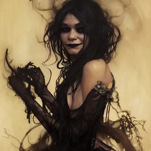 Image similar to beautiful portrait of vanessa hudgens as death from sandman, smiling, by cedric peyravernay, alphonse mucha, by jeremy mann, by lecouffe deharme, goth chic, soft lightning, eyeliner, punk rock, high detailed, 8 k