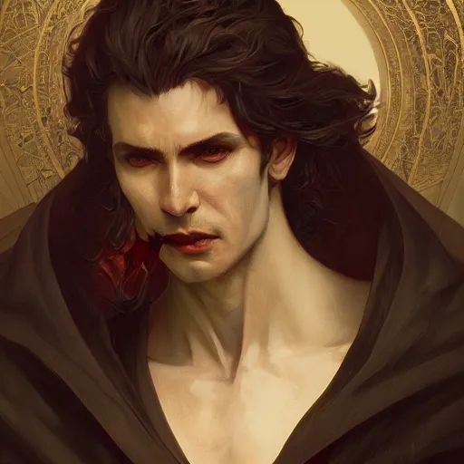 Prompt: portrait of a male vampire, D&D, fantasy, intricate, elegant, highly detailed, digital painting, artstation, smooth, sharp focus, illustration, art by artgerm and greg rutkowski and alphonse mucha