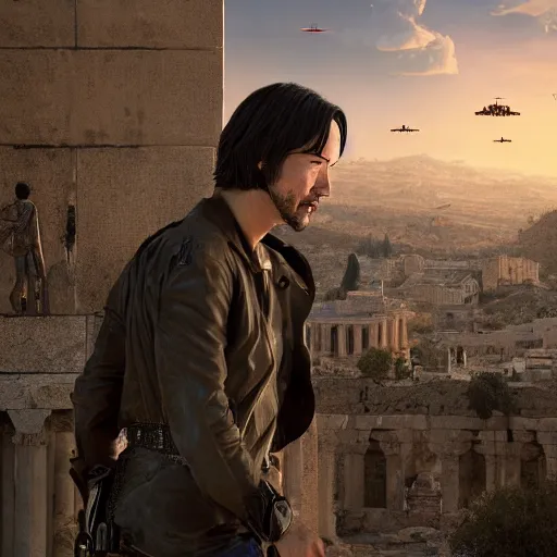 Image similar to Pixar movie about Keanu Reeves invasion of Ancient Athens, UFOs, portrait, intricate, 8k highly professionally detailed, HDR, CGsociety