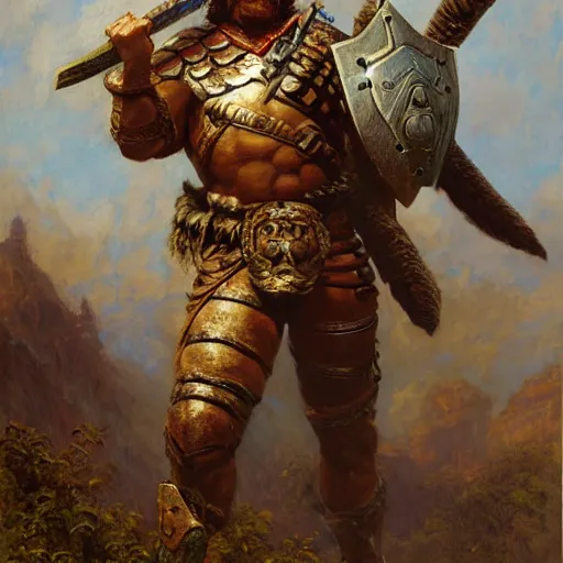 Image similar to an animatronic turtle barbarian fighter with a sword and shield, highly detailed painting by gaston bussiere, craig mullins, j. c. leyendecker, 8 k