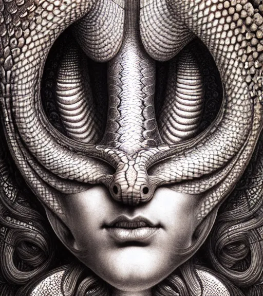 Image similar to detailed realistic beautiful snake goddess face portrait by jean delville, gustave dore, iris van herpen and marco mazzoni, art forms of nature by ernst haeckel, art nouveau, symbolist, visionary, gothic, neo - gothic, pre - raphaelite, fractal lace, intricate alien botanicals, ai biodiversity, surreality, hyperdetailed ultrasharp octane render