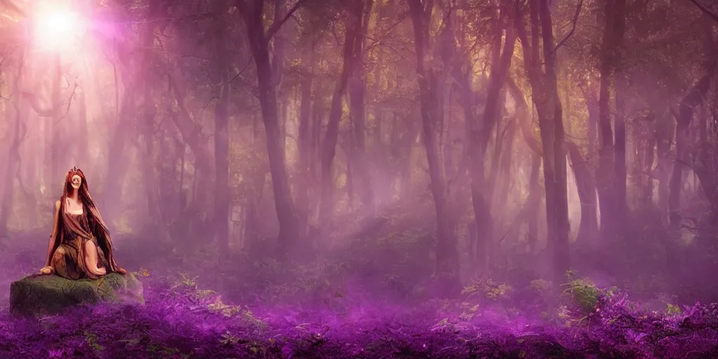 Prompt: greek goddess gaia having a ritual in a mysterious and lush burning forest, fantasy, wide shot, purple hue, realistic lighting, sunshaft