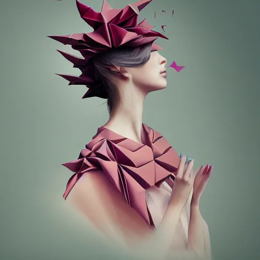 Prompt: 3 / 4 view of a beautiful girl wearing an origami dress, eye - level medium shot, elegant, by eiko ishioka, givenchy, by peter mohrbacher, centered, fresh colors, dance, origami, fashion, detailed illustration, vogue, high depth of field, japanese, reallusion character creator