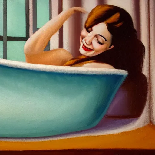 Image similar to realistic oil painting of young woman in a bathtub full of milk, smiling with her eyes closed as she washes herself, city lights from art deco window