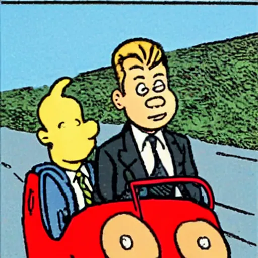 Prompt: Nicolas Sarkozy and tintin in a car, drawing by Hergé